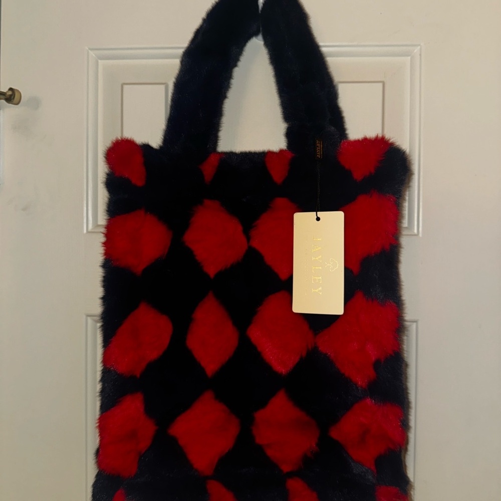NWT Jayley Blue and Red Faux Fur Tote